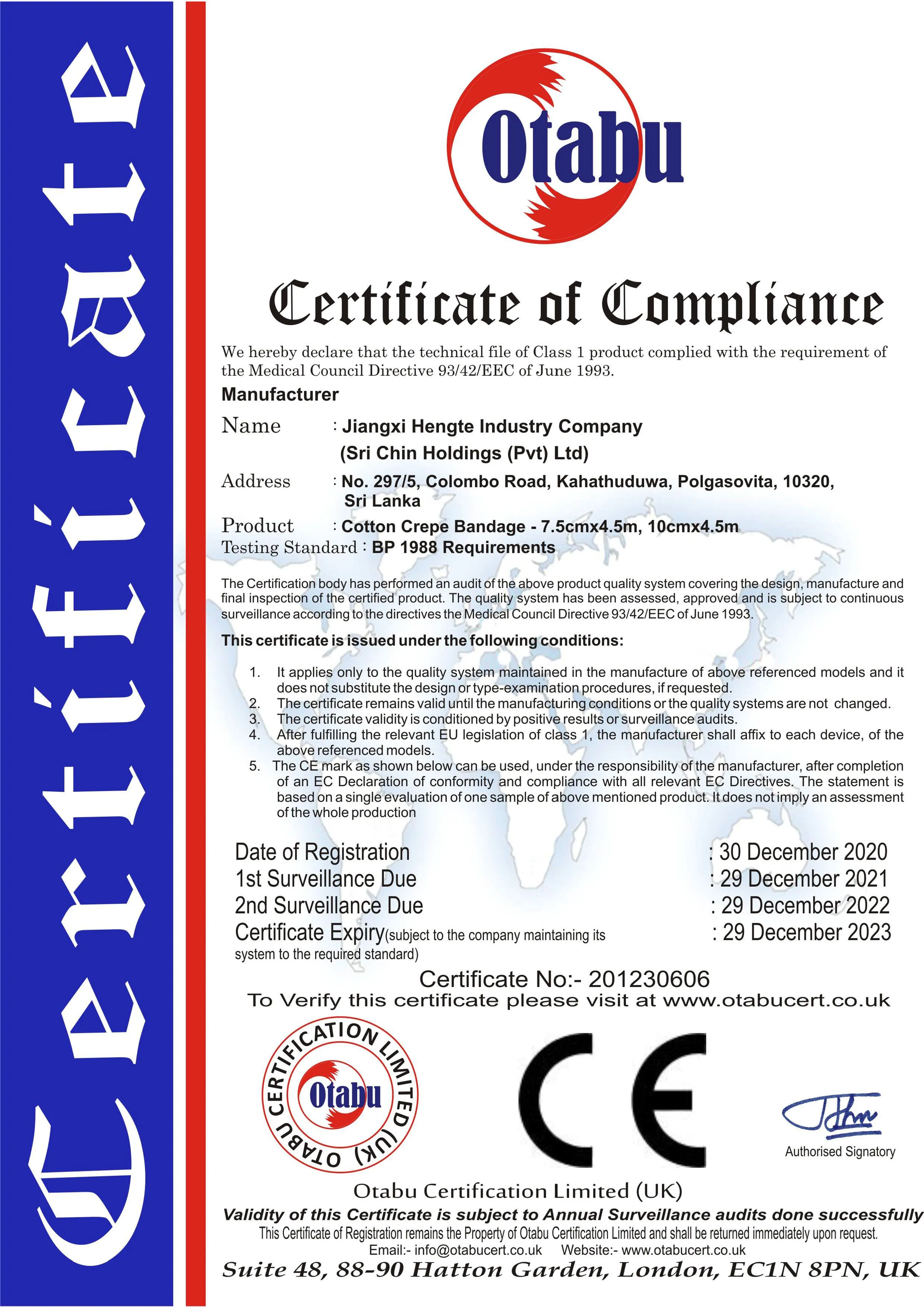 Scan of the Cotton Crepe Bandage certificate