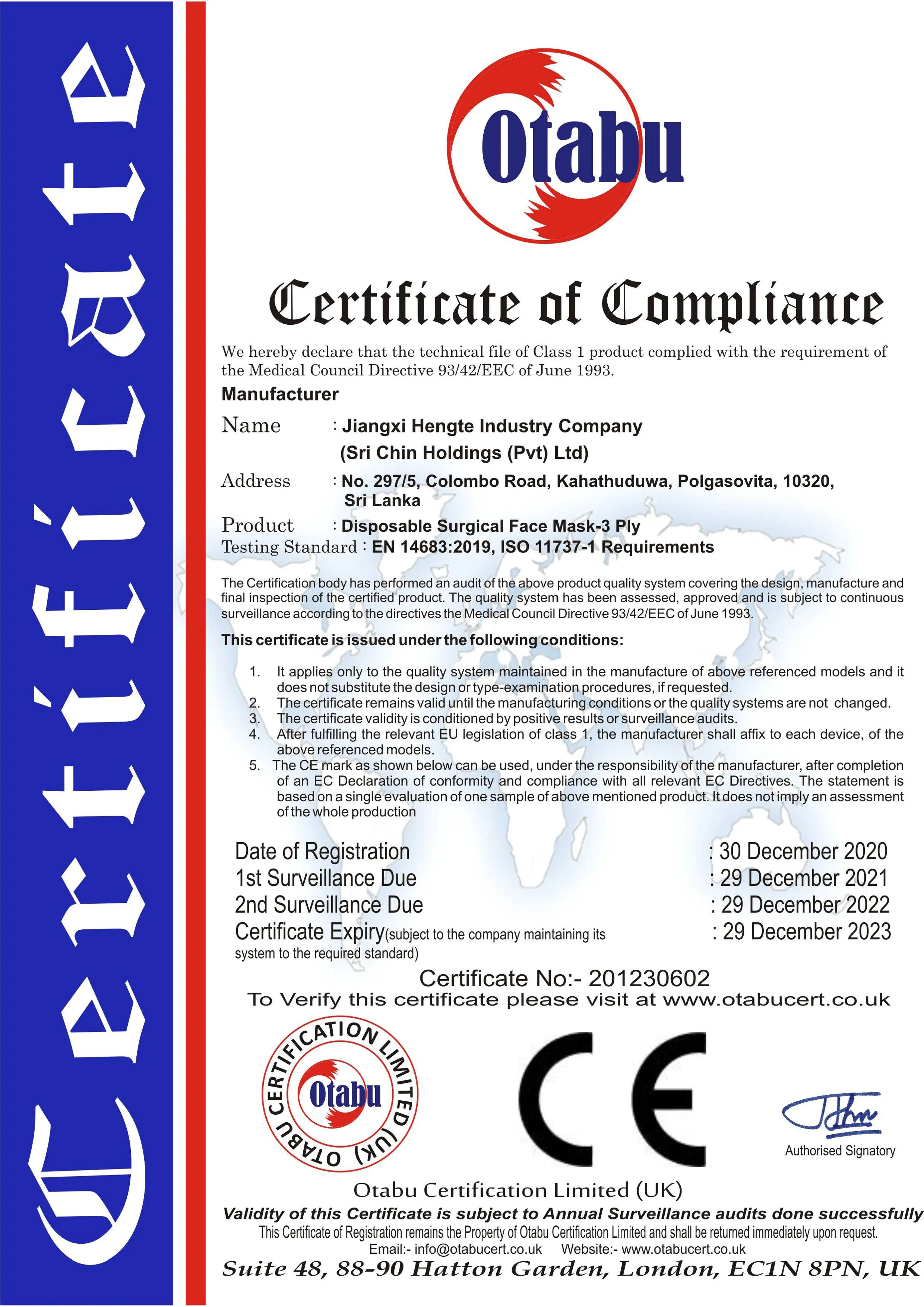 Scan of the Face Mask certificate