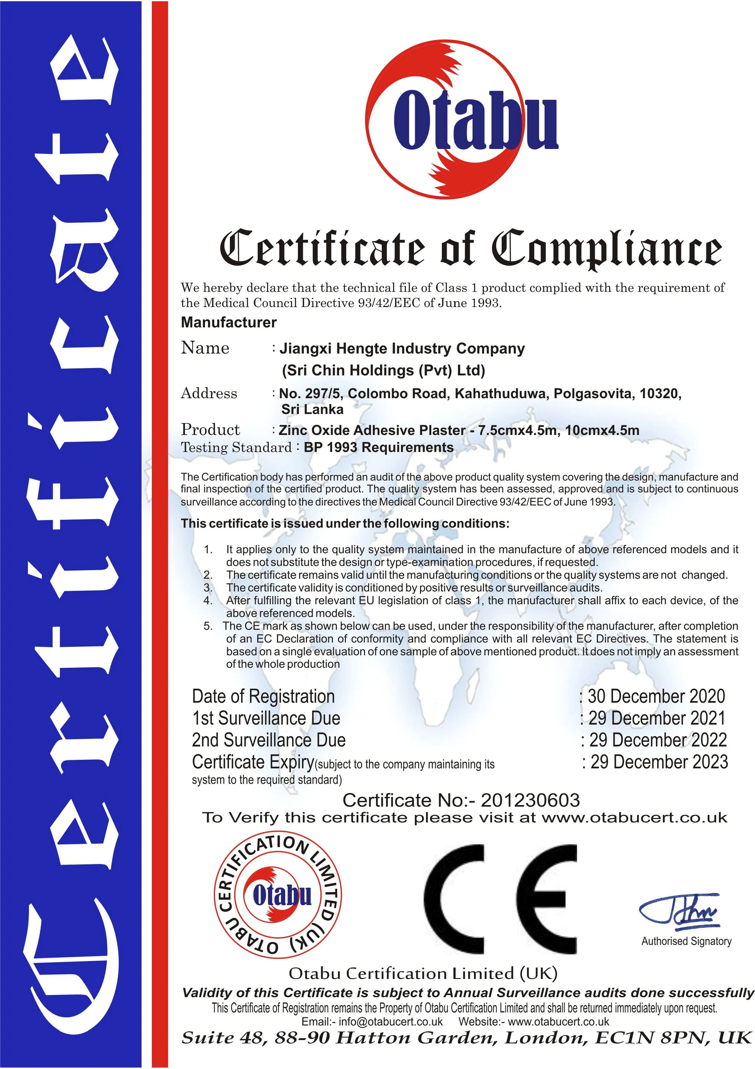 Scan of the Zinc Oxide Adhesive Plaster certificate