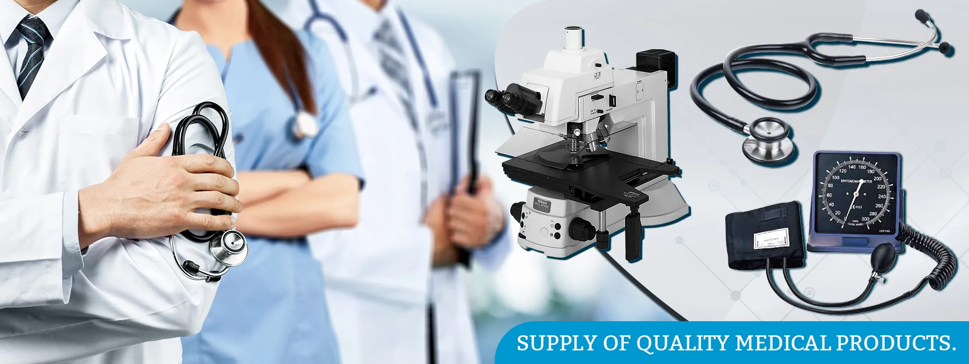Laboratory and diagnostic equipment supplied by Sri Chin Holdings, including a microscope, stethoscope and sphygmomanometer